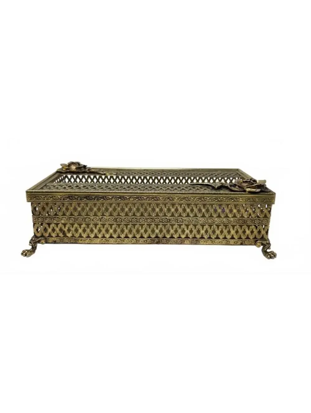 Vintage Gold-Tone Metal Filigree Tissue Box Cover Roses Hollywood Regency